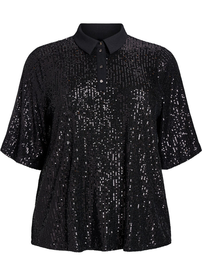 Bluse med paljetter, poloskjorte-krage og korte ermer, Svart, Packshot