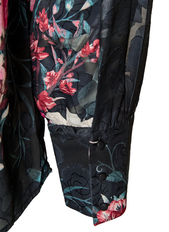 Bluse med blomstertrykk og vevd tekstur, Svart, Packshot image number 3