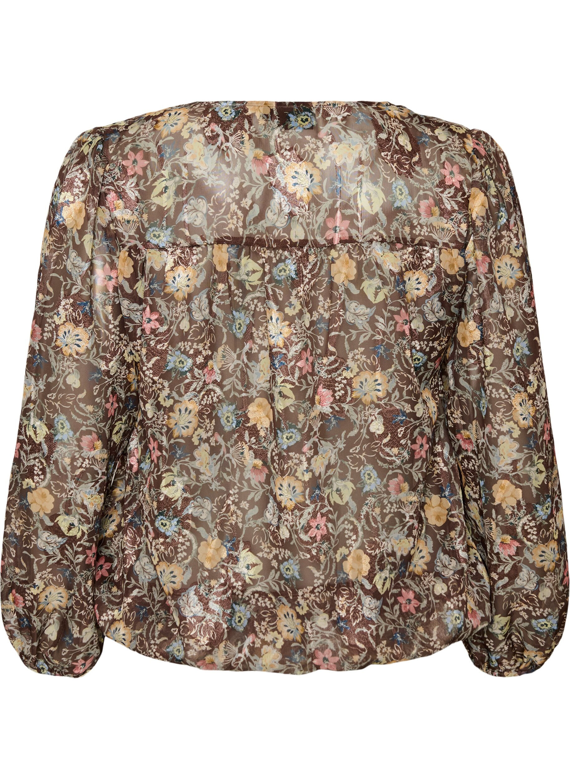 ZizziBluse med blomstertrykk og ballongermer, Brun, Packshot image number 1