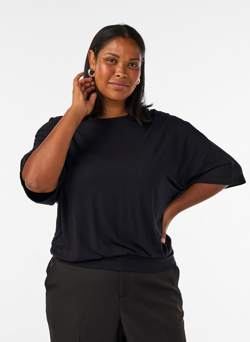 Jerseybluse med albuelange ballongermer, Svart, Model image number 0