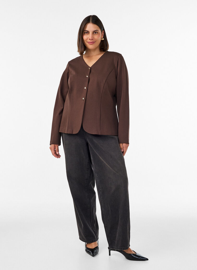 Figurn&aelig;r jerseycardigan med dekorative knapper, Brun, Model image number 1