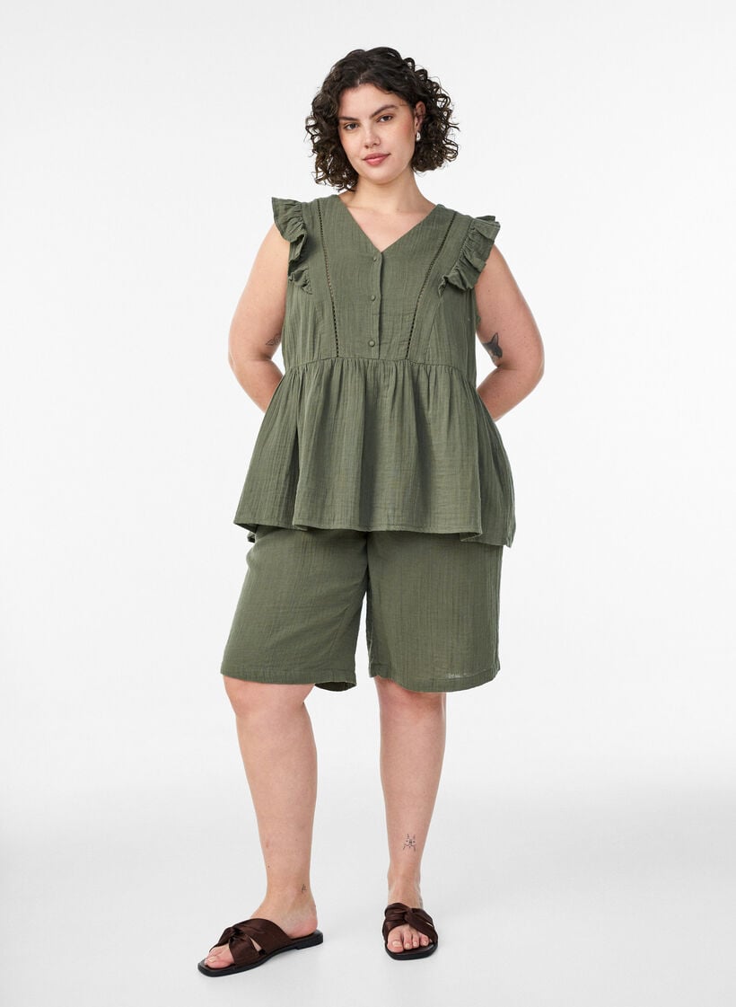 Ermel&oslash;s bluse i bomullsmusselin med volanger, Gr&oslash;nn, Model image number 1