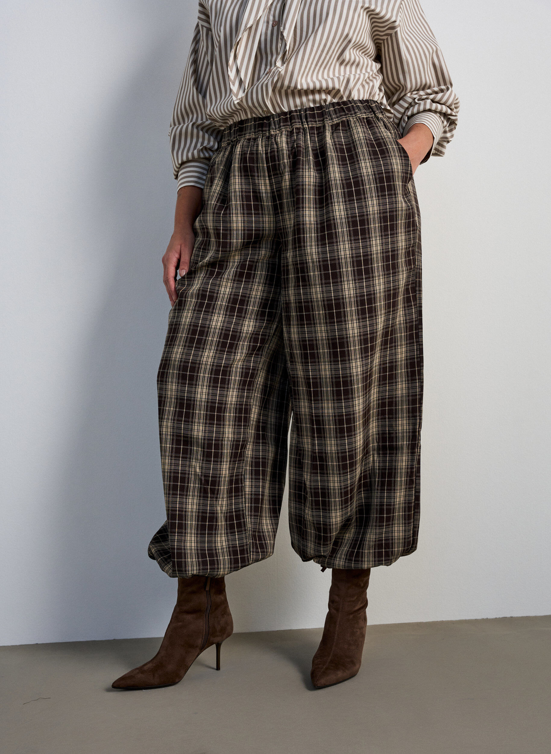 ZizziRutete ballongbukser med h&oslash;y midje, Gr&oslash;nn, Model image number 2