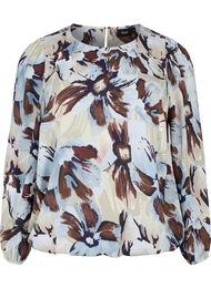 Langermet bluse med trykk og knapp, Grey Flower AOP