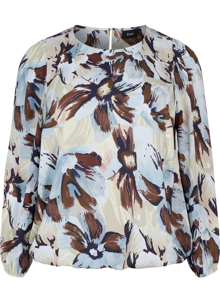Langermet bluse med trykk og knapp, Grey Flower AOP, Packshot image number 0
