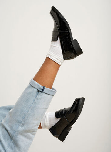 Croco-loafers med bred passform i skinn, Black, Image image number 1