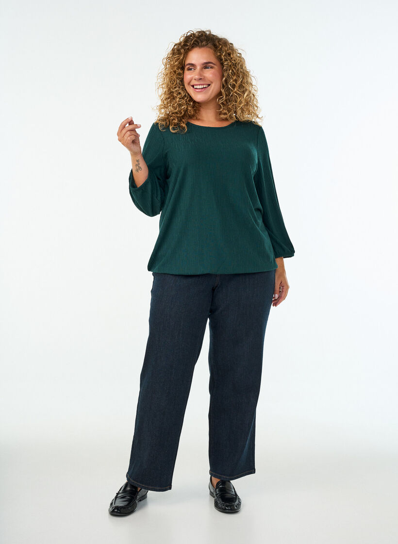 Bluse med tekstur og 3/4 ermer, Gr&oslash;nn, Model image number 1