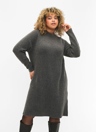 Ribbestrikket kjole med høy hals, Dark Grey Melange, Model image number 0