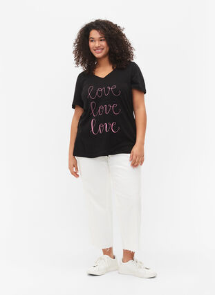 T-skjorte i bomull med V-hals og trykk, Black W. Love, Model image number 2