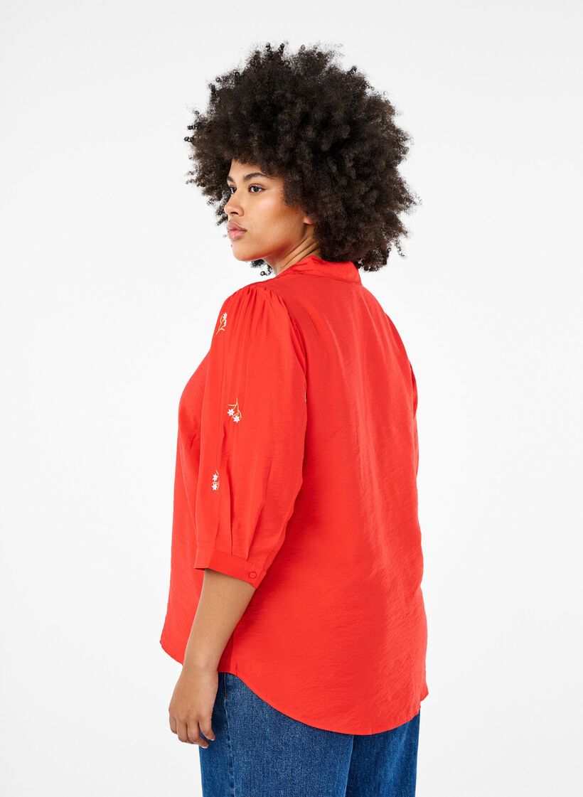 Bluse med 3/4-ermer og blomsterbroderi, Flame Scarlet, Model image number 1