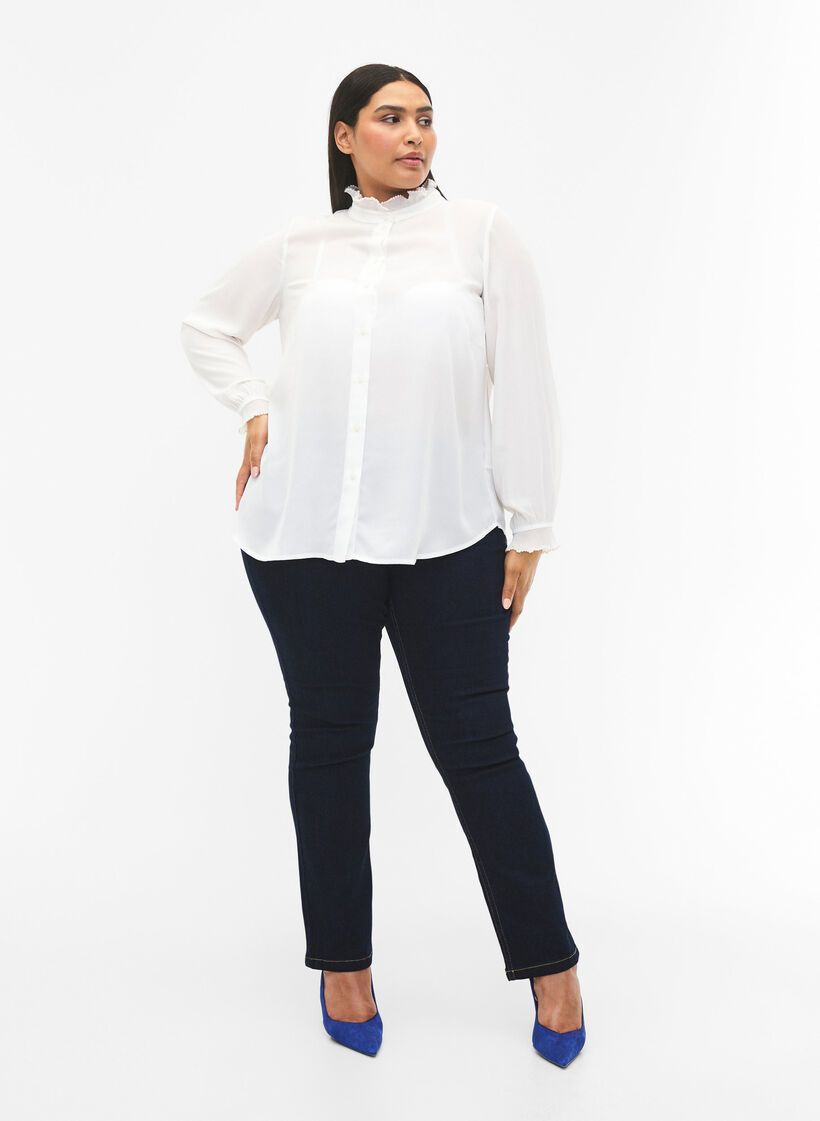 Skjortebluse med volangdetaljer, Bright White, Model image number 4