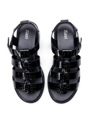 Sandal med bred passform i skinnende krokodilleskinn, Black, Packshot image number 2