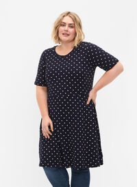 Prikkete bomullskjole med korte ermer, Night Sky Dot, Model