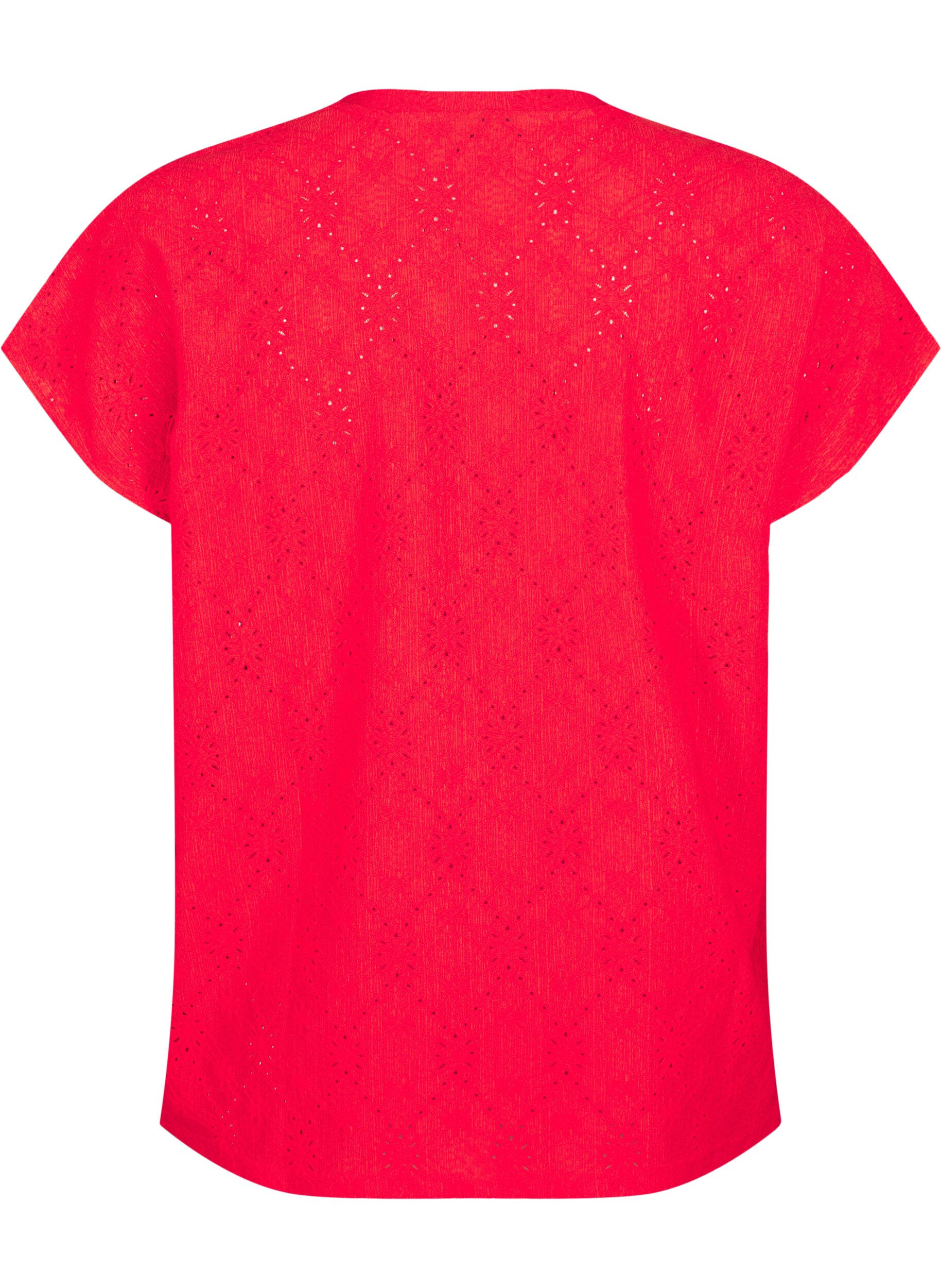 Zizzi Bluse med korte ermer og blomsterbroderi, Flame Scarlet, Packshot image number 1