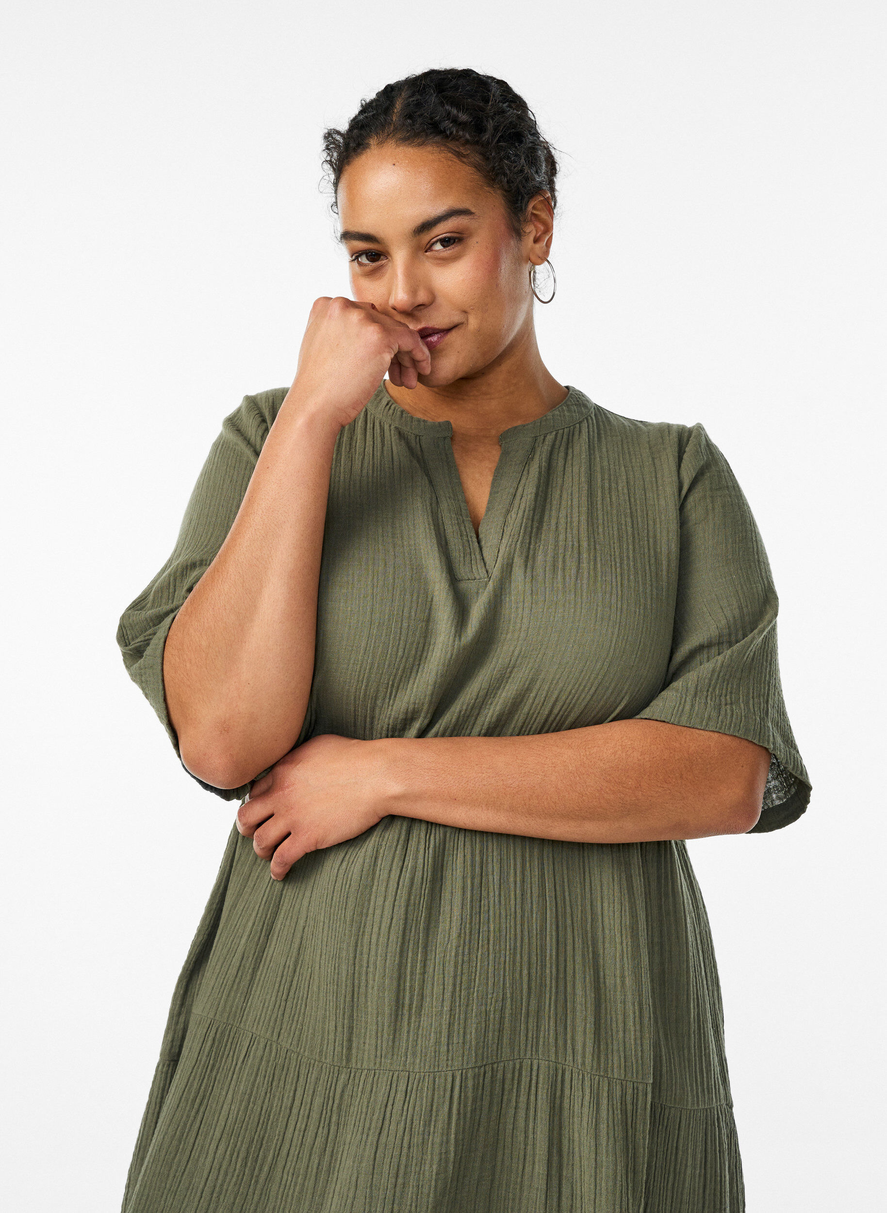 Zizzi A-linje midikjole i bomullsmusselin, Gr&oslash;nn, Model image number 2