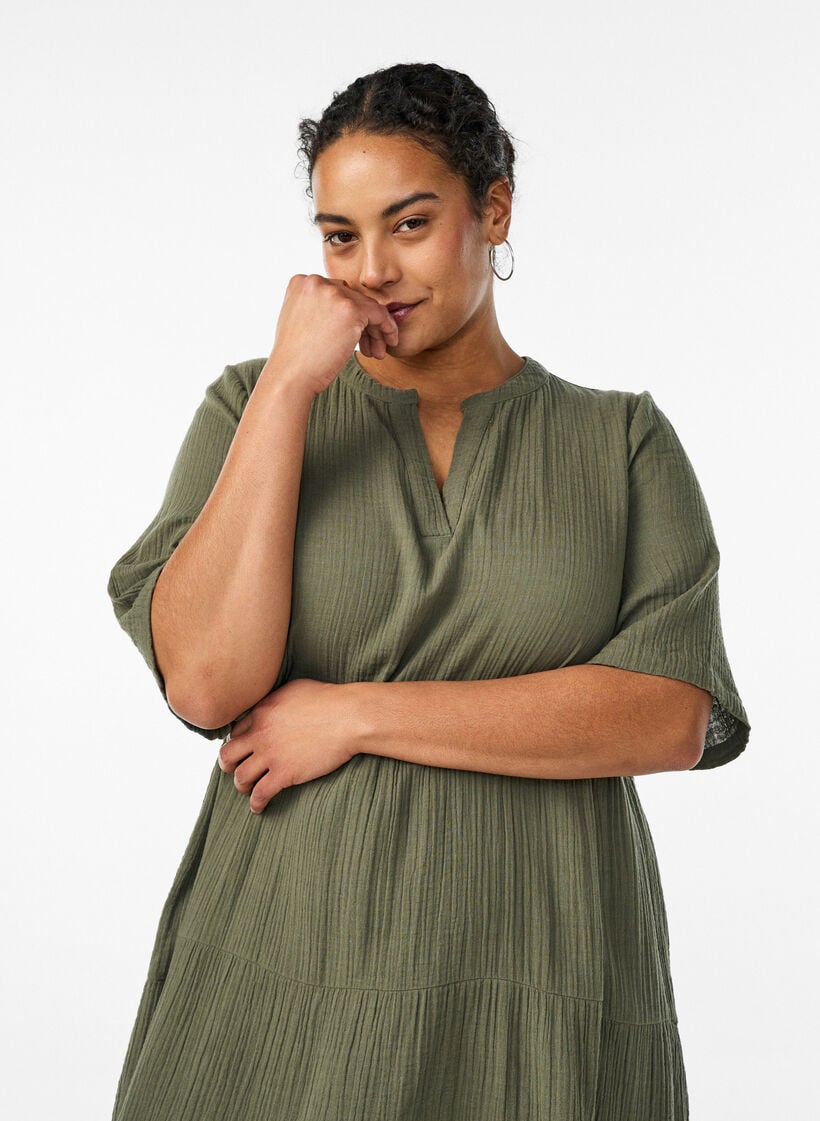 A-linje midikjole i bomullsmusselin, Gr&oslash;nn, Model image number 2