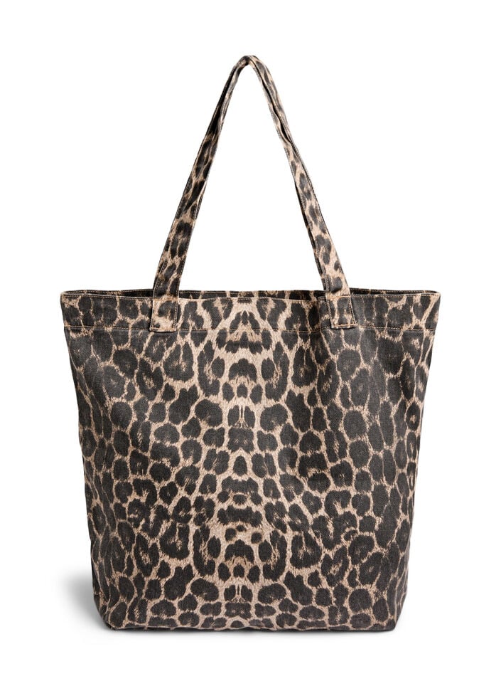 Denim shopper veske med leopardm&oslash;nster, Brun, Packshot image number 1