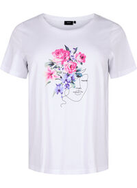 T-skjorte i bomull med blomster og portrettmotiv