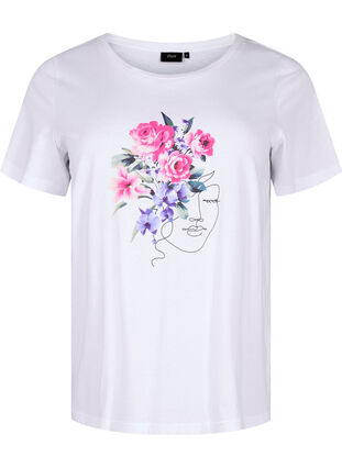 T-skjorte i bomull med blomster og portrettmotiv, B. White Face Flower, Packshot image number 0