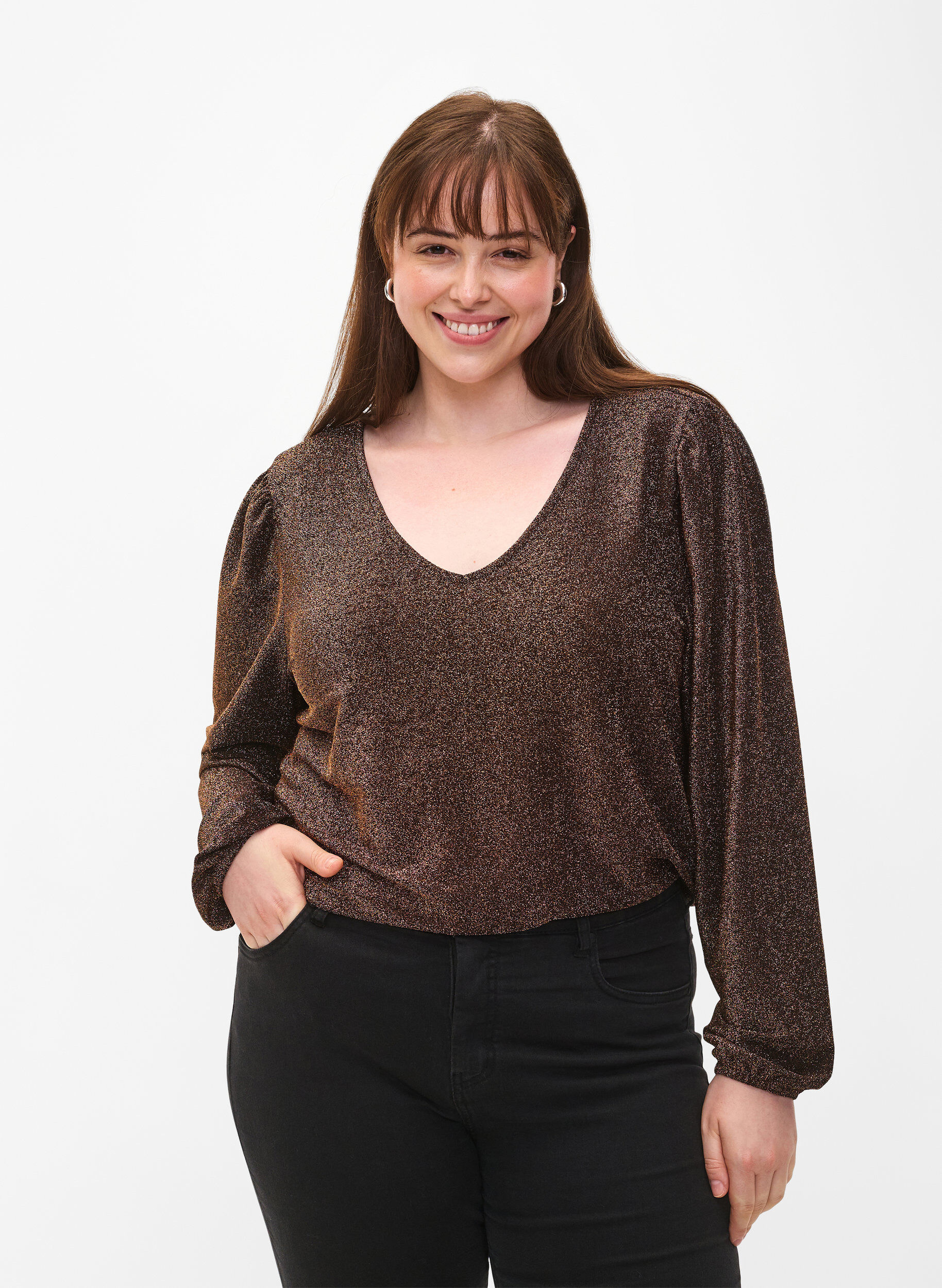 Zizzi Glitterbluse med puffermer, Black Copper, Model image number 0