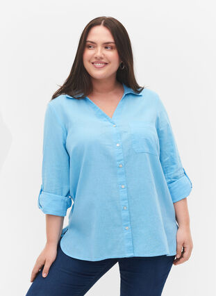Bluse med 3/4-ermer og knapper, Alaskan Blue, Model image number 0