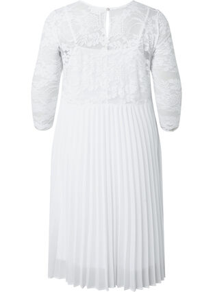 Kjole i plissé med blonder og 3/4-ermer, Bright White, Packshot image number 1
