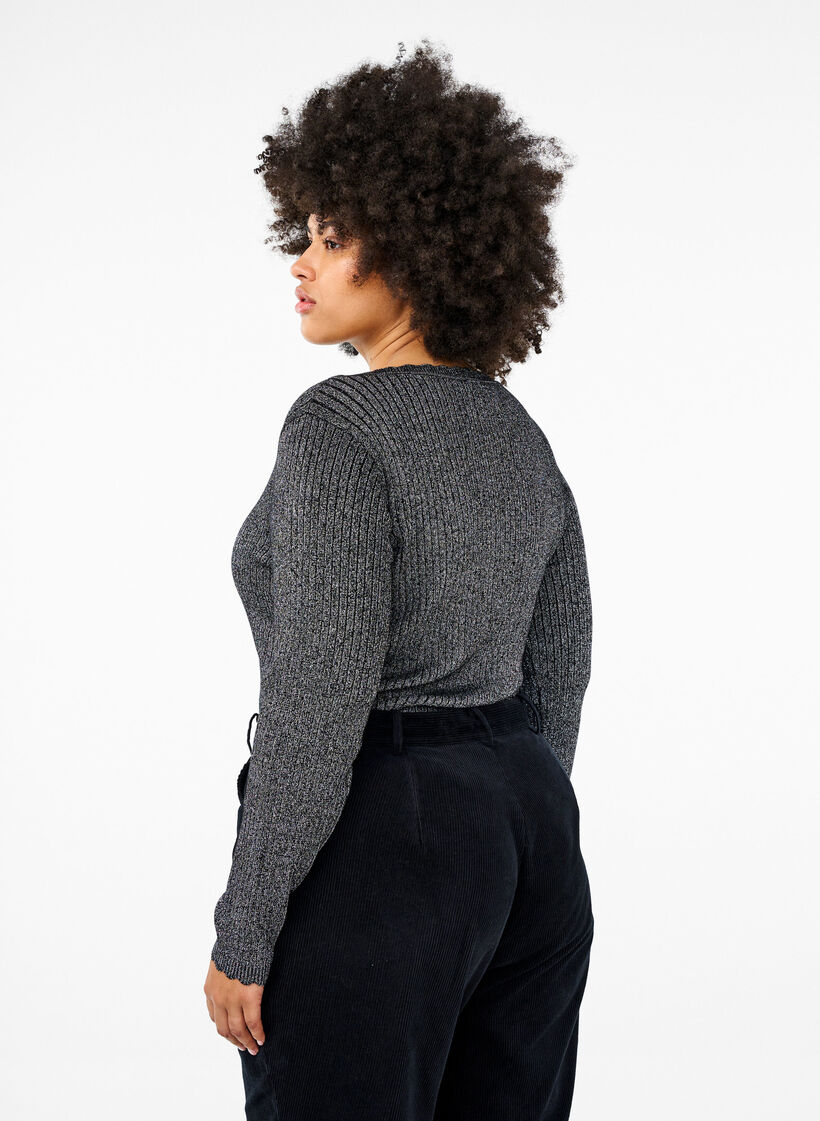 Tettsittende, strikket bluse med glittertråd, Svart, Model image number 2