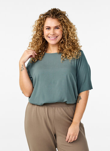 Zizzi FLASH – Vevet bluse med korte ermer og rund hals, Grønn, Model image number 0