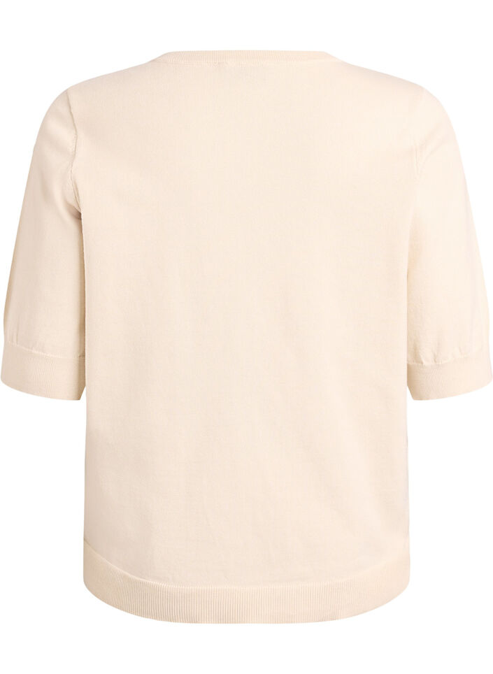 Finstrikket bluse med korte ermer, Beige, Packshot image number 1