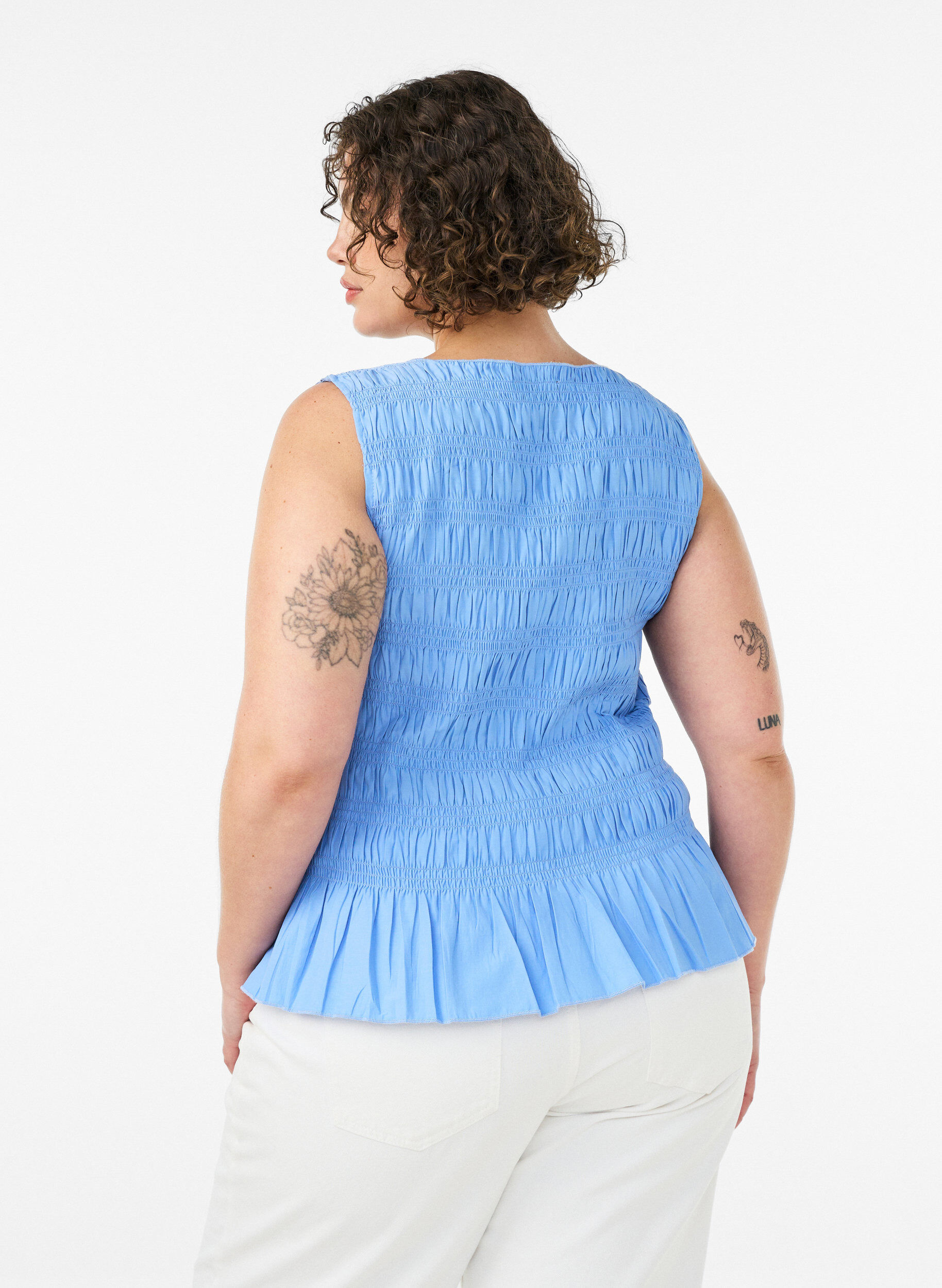 ZizziSmock-topp med b&aring;thals og peplum-fald, Bl&aring;, Model image number 2