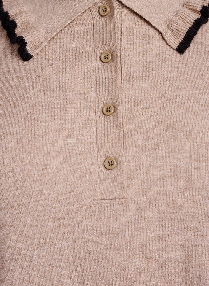 Strikkebluse med krage og kontrastvolang, Beige, Packshot