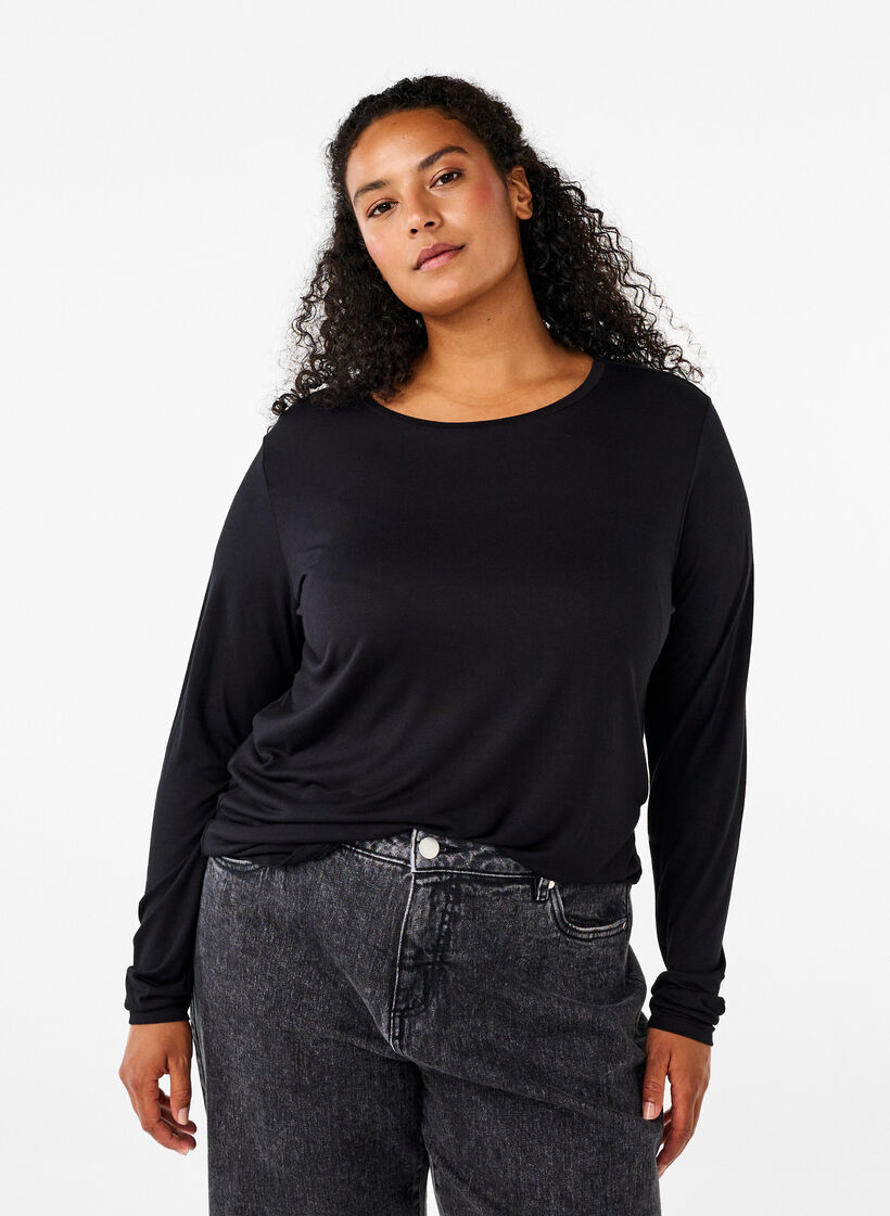 Langermet bluse i ull og viskose, Svart, Model image number 0