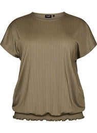 Jerseybluse med teksturerte striper og en smocket fold, Brun