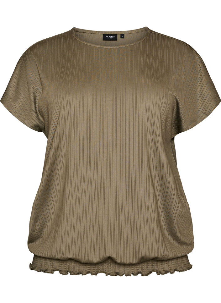 Jerseybluse med teksturerte striper og en smocket fold, Brun, Packshot image number 0