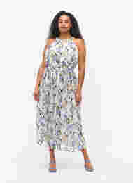 Blomstret maxikjole med plissé, Blue Flower AOP, Model