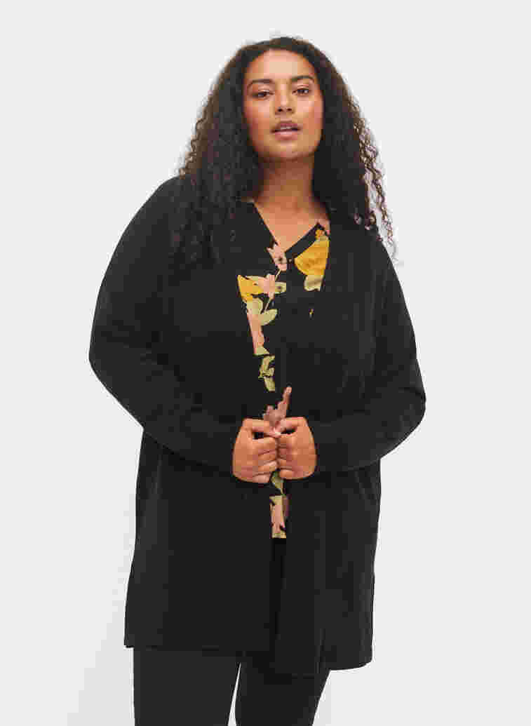 Strikket cardigan med splitt og ribbekanter, Black, Model image number 0