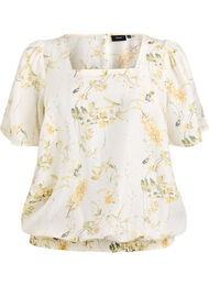 Bluse med blomstermønster og firkantet hals, Yellow flower AOP