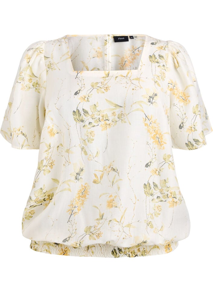 Bluse med blomstermønster og firkantet hals, Gul, Packshot image number 0