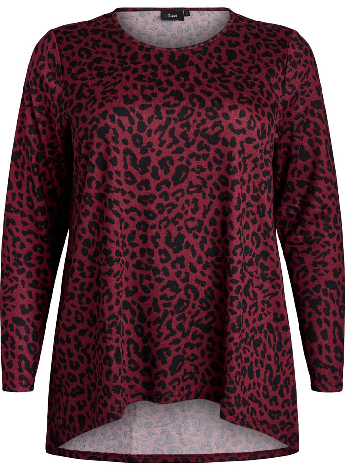 Leopardmønstret bluse med lange ermer, Mørk Bordeaux, Packshot image number 0