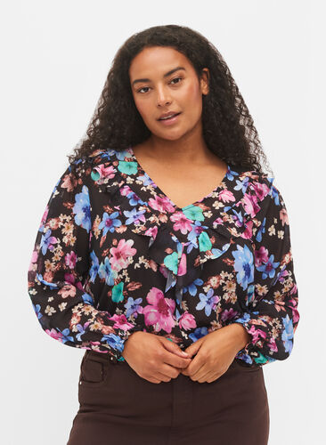 Blomstrete bluse med volanger, Bright Fall Print, Model image number 0