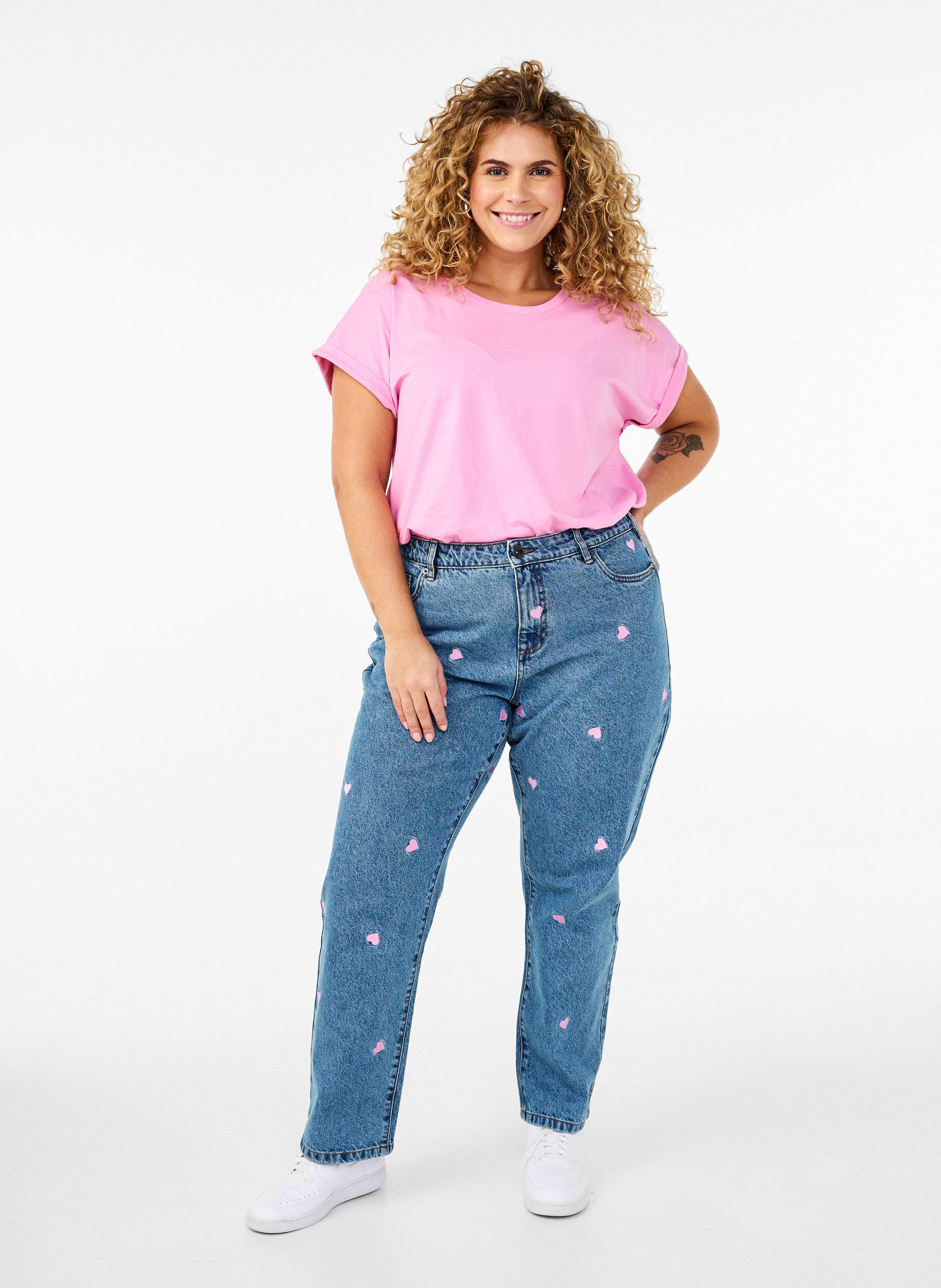 Zizzi H&oslash;y midje Gemma jeans med hjerter, Bl&aring;, Model image number 0