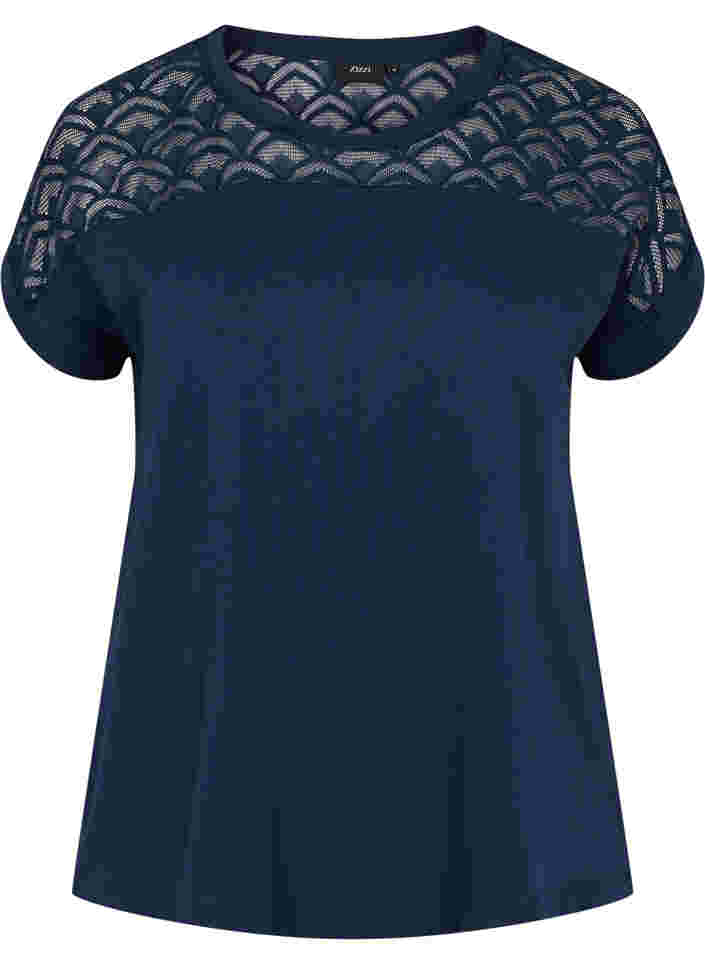 T-skjorte i bomull med blonder, Navy Blazer, Packshot image number 0