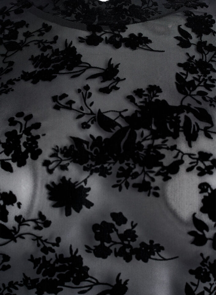 Bluse i mesh med blomstertrykk, Svart, Packshot image number 2