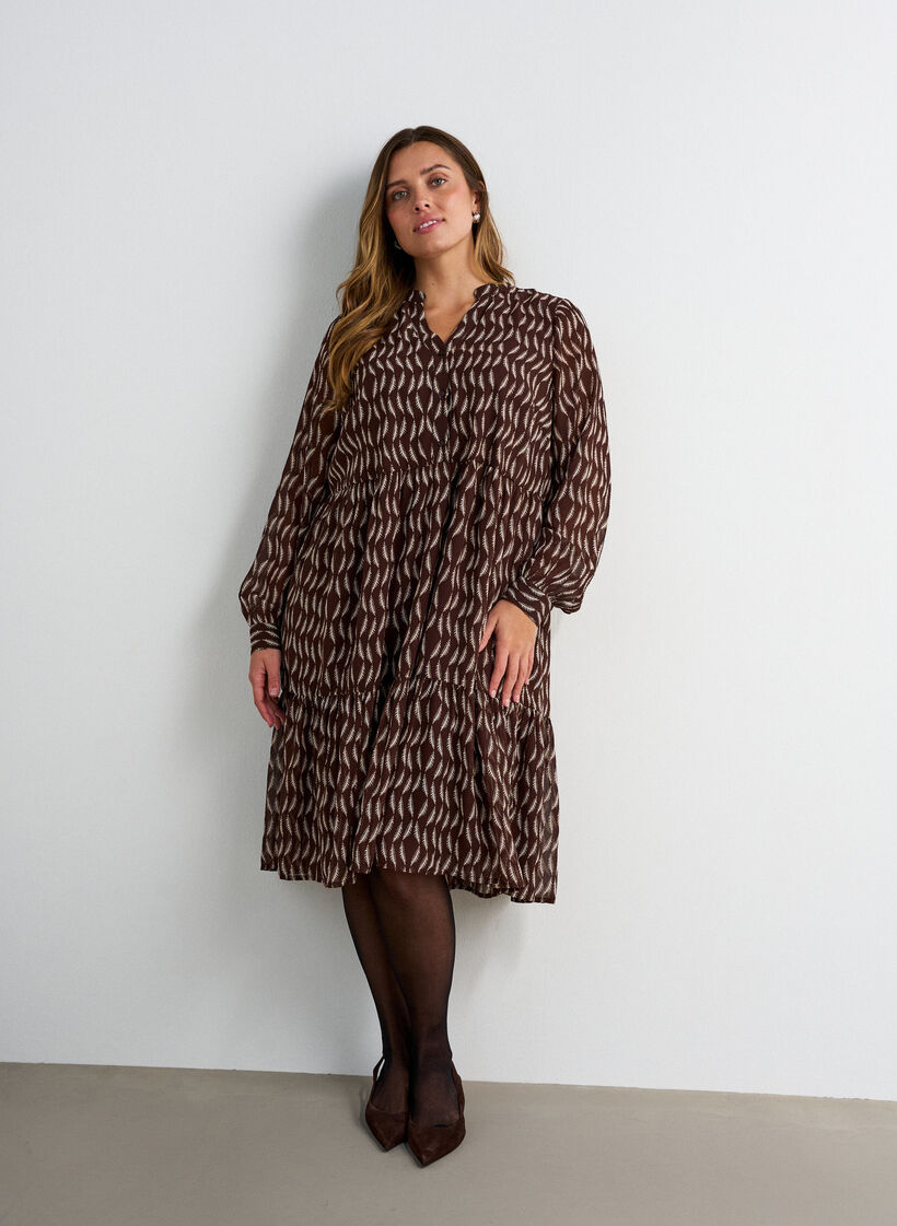 Kjole med heldekkende trykk og volanglag, Brun, Model image number 0