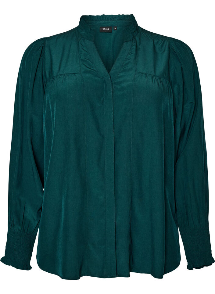 Bluse med rysjekrage og rynking, Gr&oslash;nn, Packshot image number 0