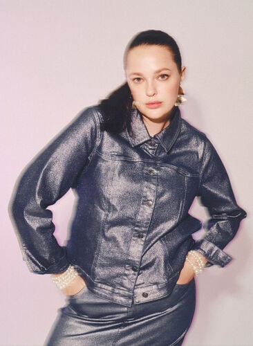 Zizzi Kort denimjakke med sølvbelegg, Gun Silver, Image image number 0