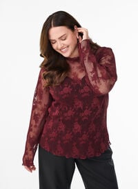 Langermet mesh bluse med blondermønster, Mørk Bordeaux Langermet mesh bluse med blondermønster, Mørk Bordeaux, Model