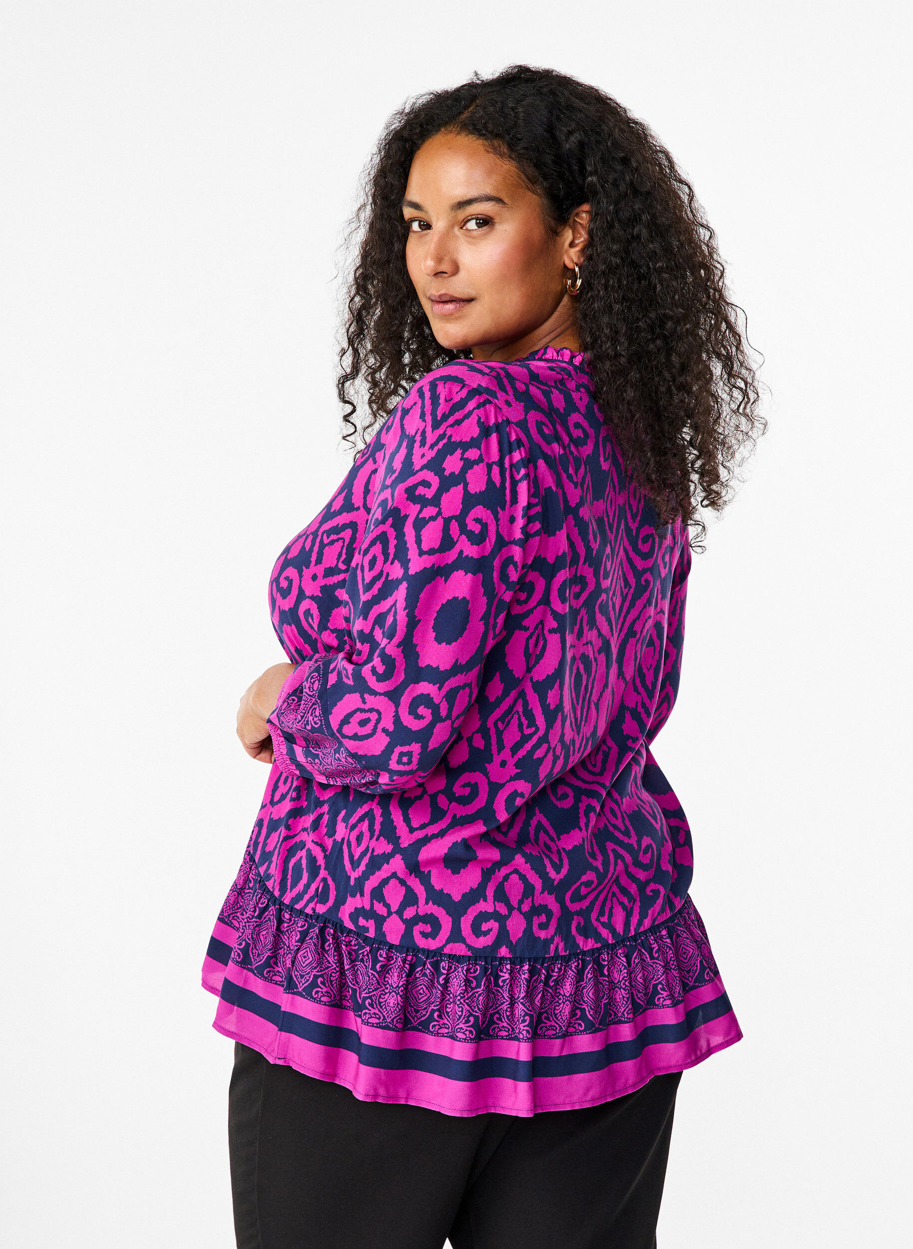 Zizzi Bluse med trykk og 3/4 ermer, Bl&aring;, Model image number 2
