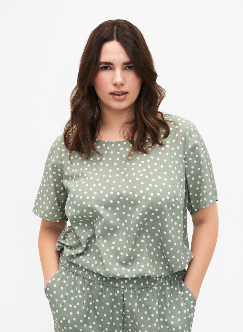 FLASH - Kortermet bluse med trykk, Iceberg Green Dot, Model image number 0