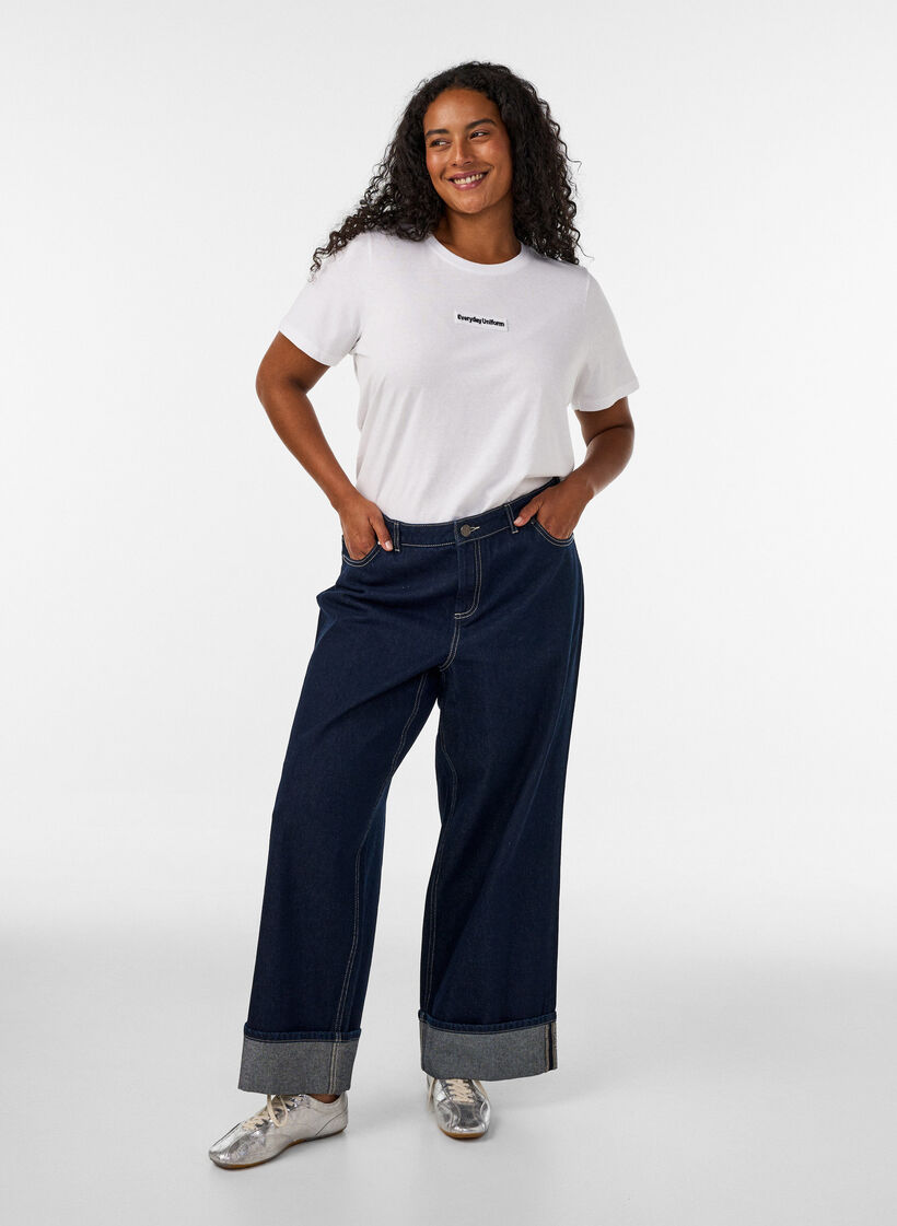 Bomulls T-skjorte med tekstmerke, Hvit, Model image number 1